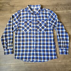 Mens Shirt L Blue Brown Flannel Cotton Blend Checkered Plaid Workware Cabincore